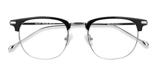 Unisex S Browline Black Silver Acetate, Metal Prescription Eyeglasses - Eyebuydirect S Relive
