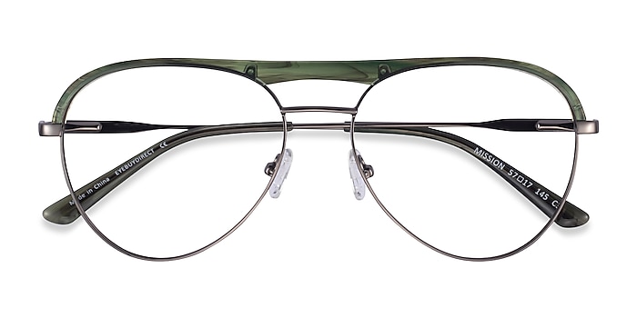 Green Striped & Gunmetal Mission -  Acetate, Metal Eyeglasses