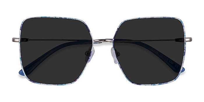 Shiny Sliver Blue Floral Fleur -  Metal Sunglasses
