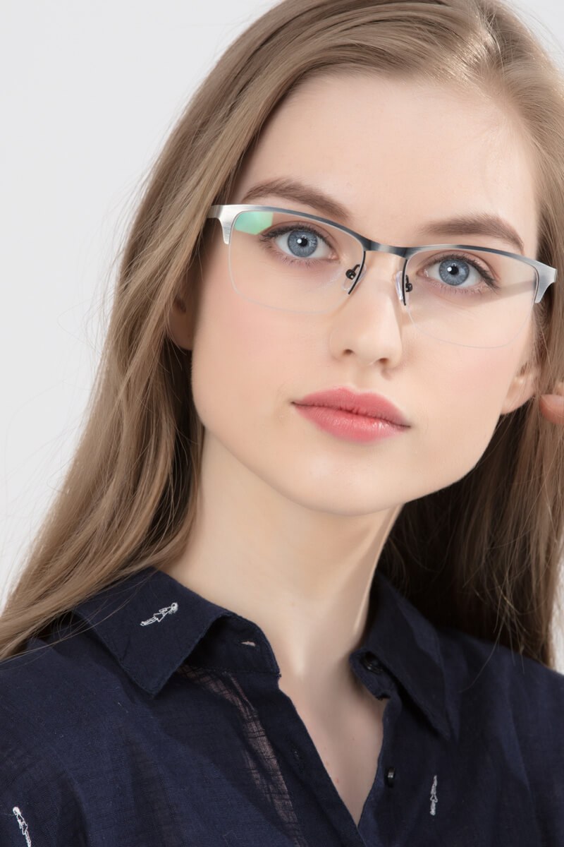 Time Rectangle Matte Silver Semi Rimless Eyeglasses Eyebuydirect Canada