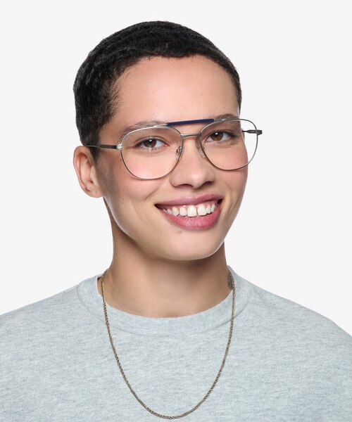 Tatum Navy Matte Silver MetalEyeglass Frames for Women from EyeBuyDirect