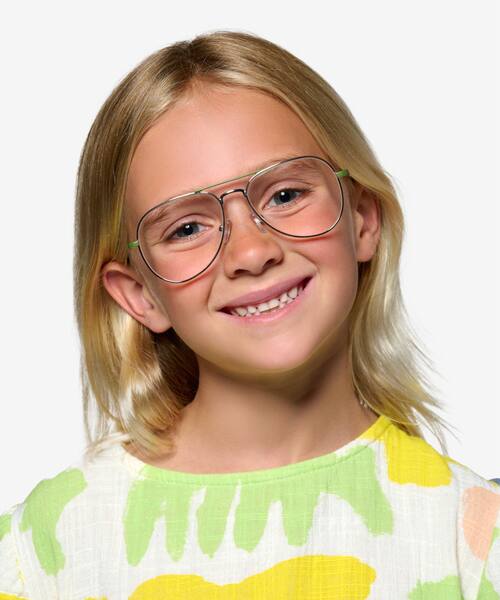 Shiny Silver Green Buzz -  Metal Eyeglasses