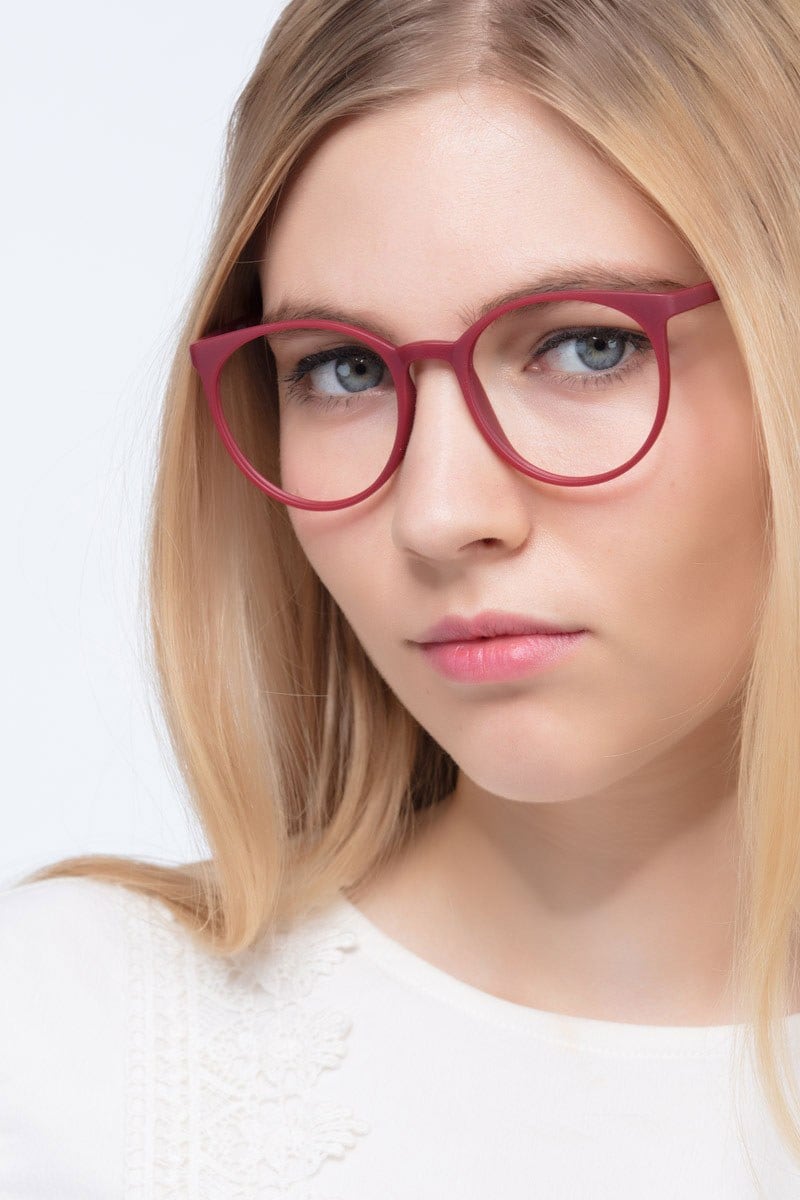 Red plastic store eyeglass frames