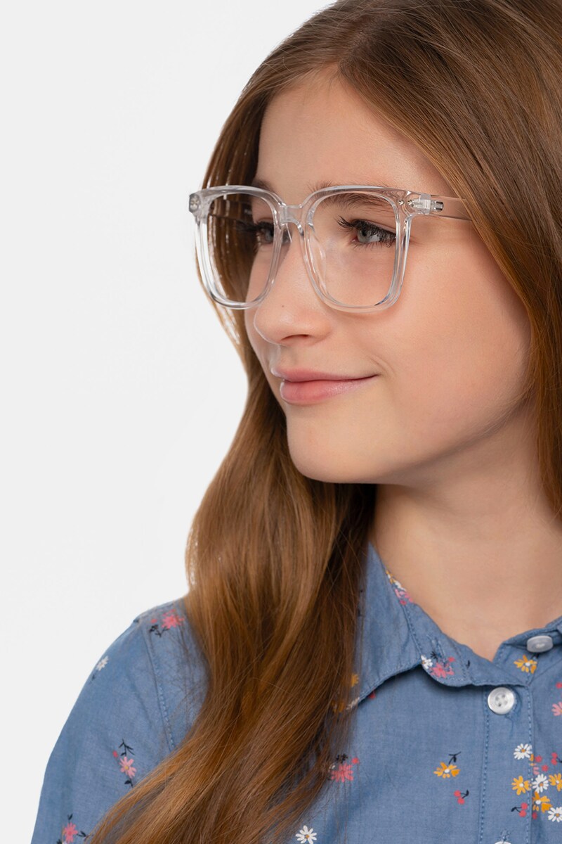 Girl with clear store glasses