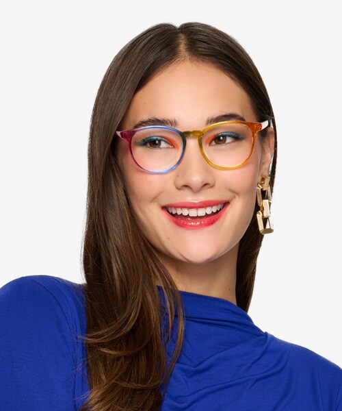 Glowing - Square Blue Red Rainbow Frame Prescription Sunglasses