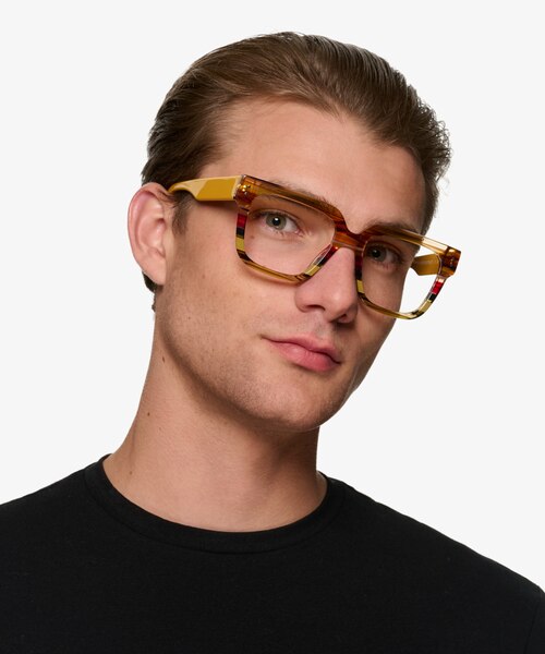 Vibrant Brown Yellow Striped AcetateEyeglass Frames for Men from EyeBuyDirect