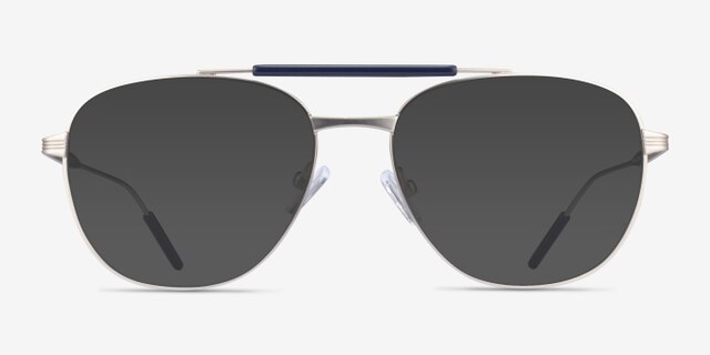 Tatum Navy Matte Silver MetalEyeglass Frames from EyeBuyDirect, with Tinted Lenses
